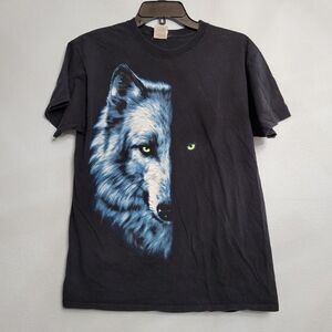 Vintage Y2K Gray Wolf Half Face Glowing Eye Fruit of the Loom Shirt MED